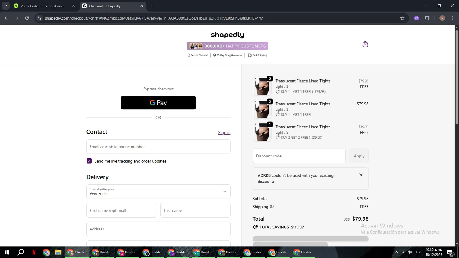 Shapedly coupon code screenshot showing code ADRK8 applied at Shapedly checkout page. Uploaded by SimplyCodes community member DiscountPioneer2554 on Dec 18, 2025