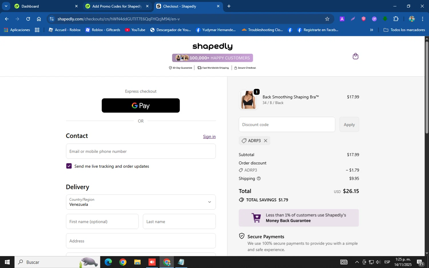 Shapedly coupon code screenshot showing code ADRP3 applied at Shapedly checkout page. Uploaded by SimplyCodes community member helicoide on Nov 14, 2025
