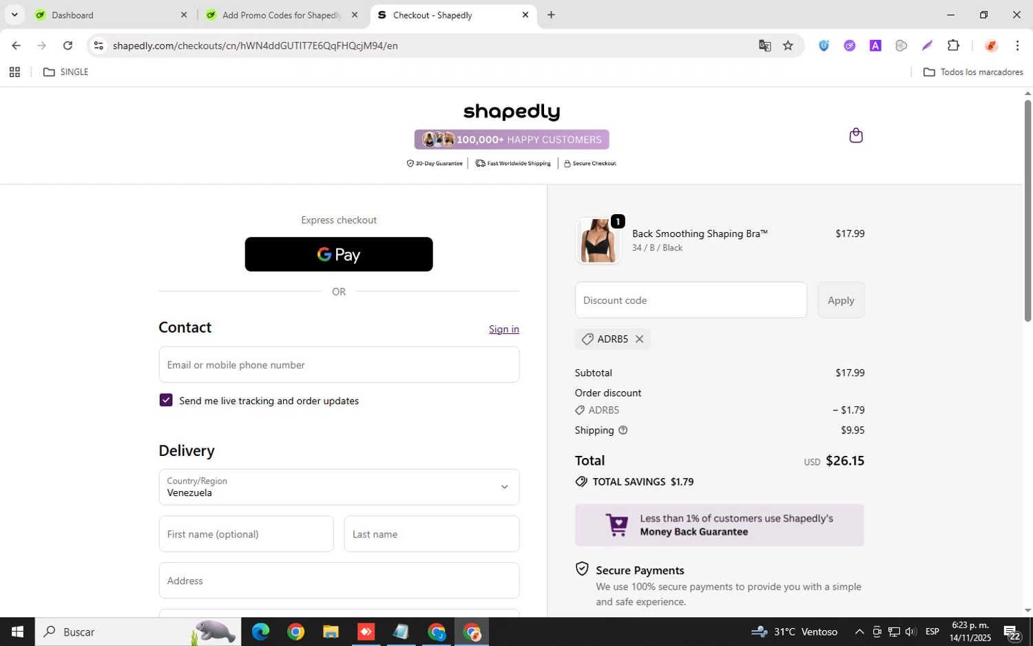Shapedly coupon code screenshot showing code ADRB5 applied at Shapedly checkout page. Uploaded by SimplyCodes community member donaldJtrump on Nov 14, 2025