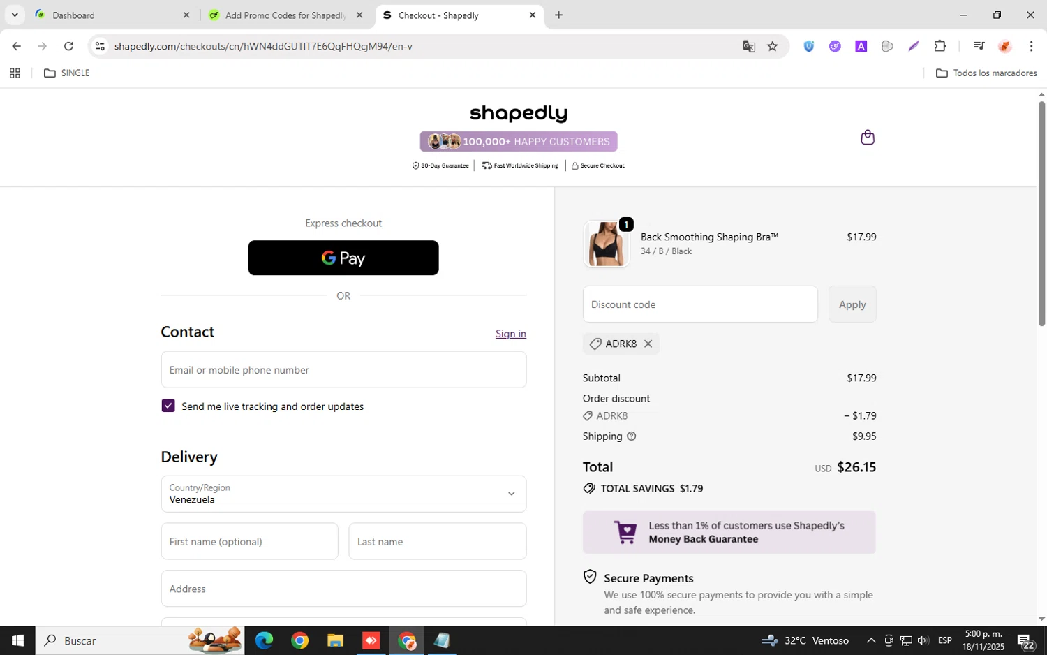 Shapedly coupon code screenshot showing code ADRK8 applied at Shapedly checkout page. Uploaded by SimplyCodes community member donaldJtrump on Nov 18, 2025