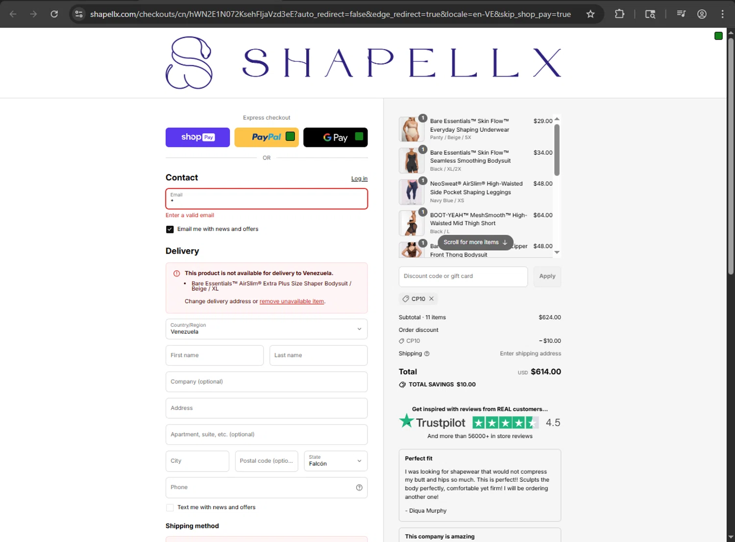 Shapellx coupon code screenshot showing code CP10 applied at Shapellx checkout page. Uploaded by SimplyCodes community member kaiserser on Aug 25, 2025