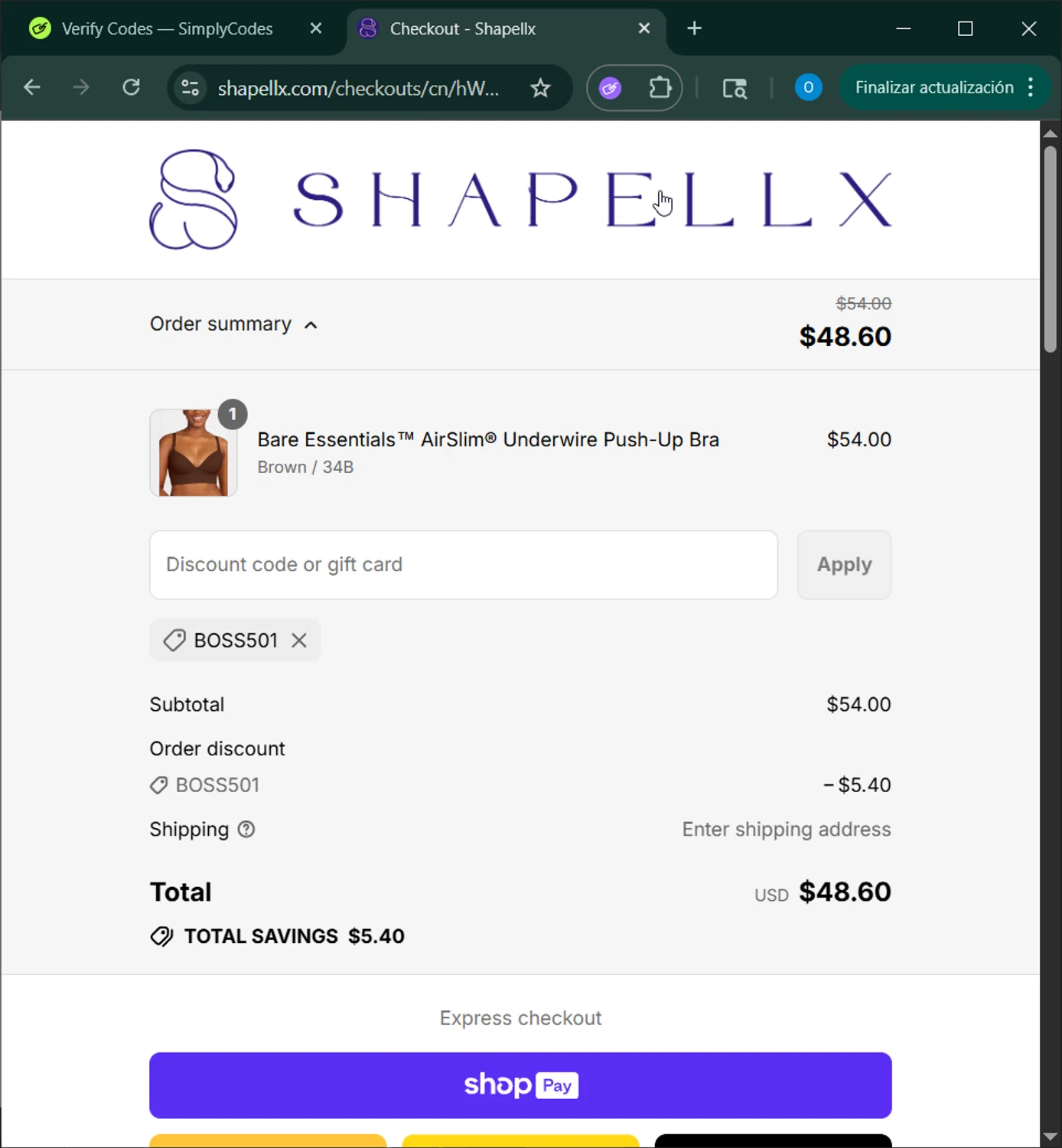 Shapellx coupon code screenshot showing code boss501 applied at Shapellx checkout page. Uploaded by SimplyCodes community member _____________ on Aug 25, 2025