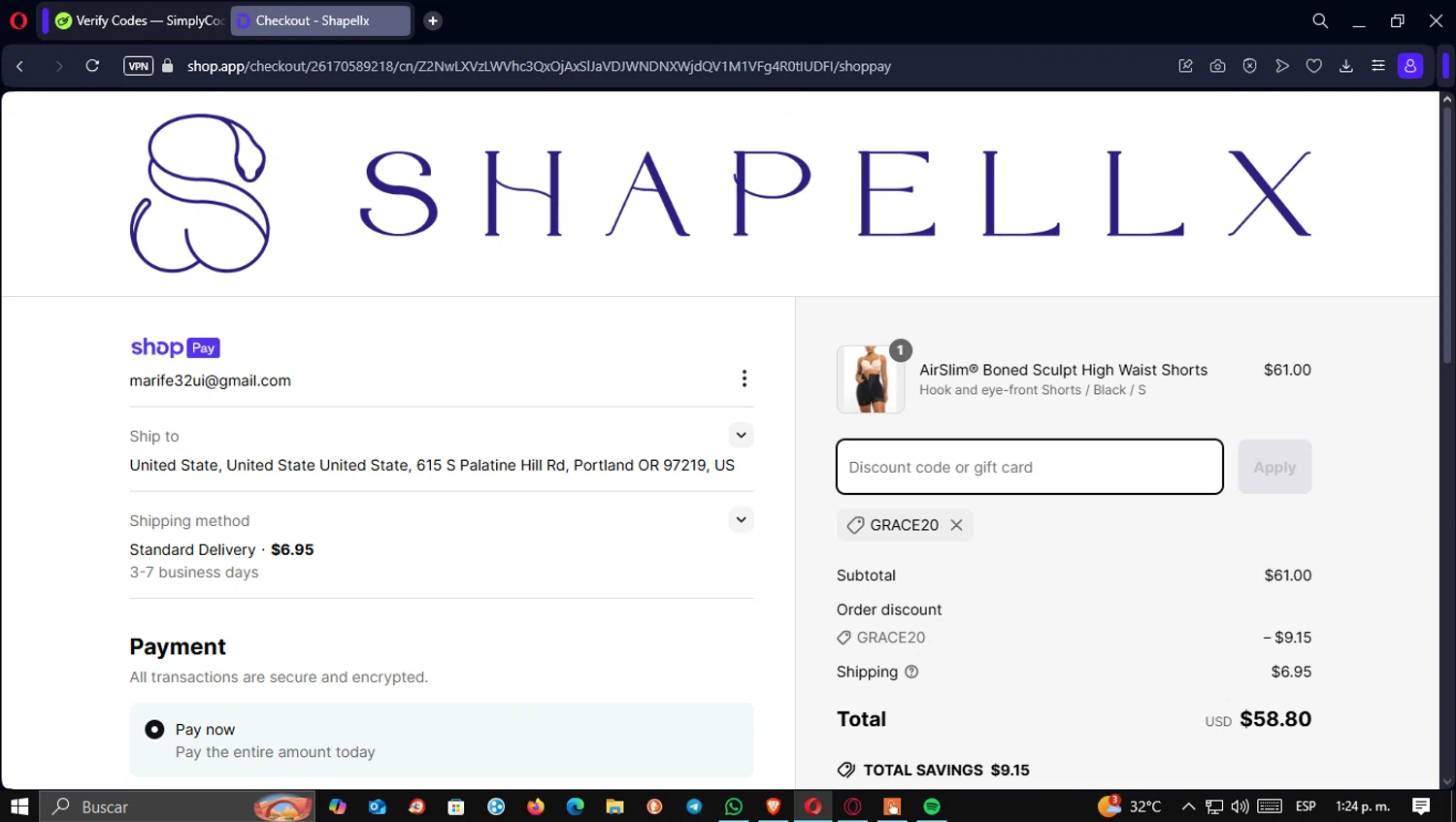 Shapellx coupon code screenshot showing code GRACE20 applied at Shapellx checkout page. Uploaded by SimplyCodes community member CleoSalvatore on Apr 16, 2025