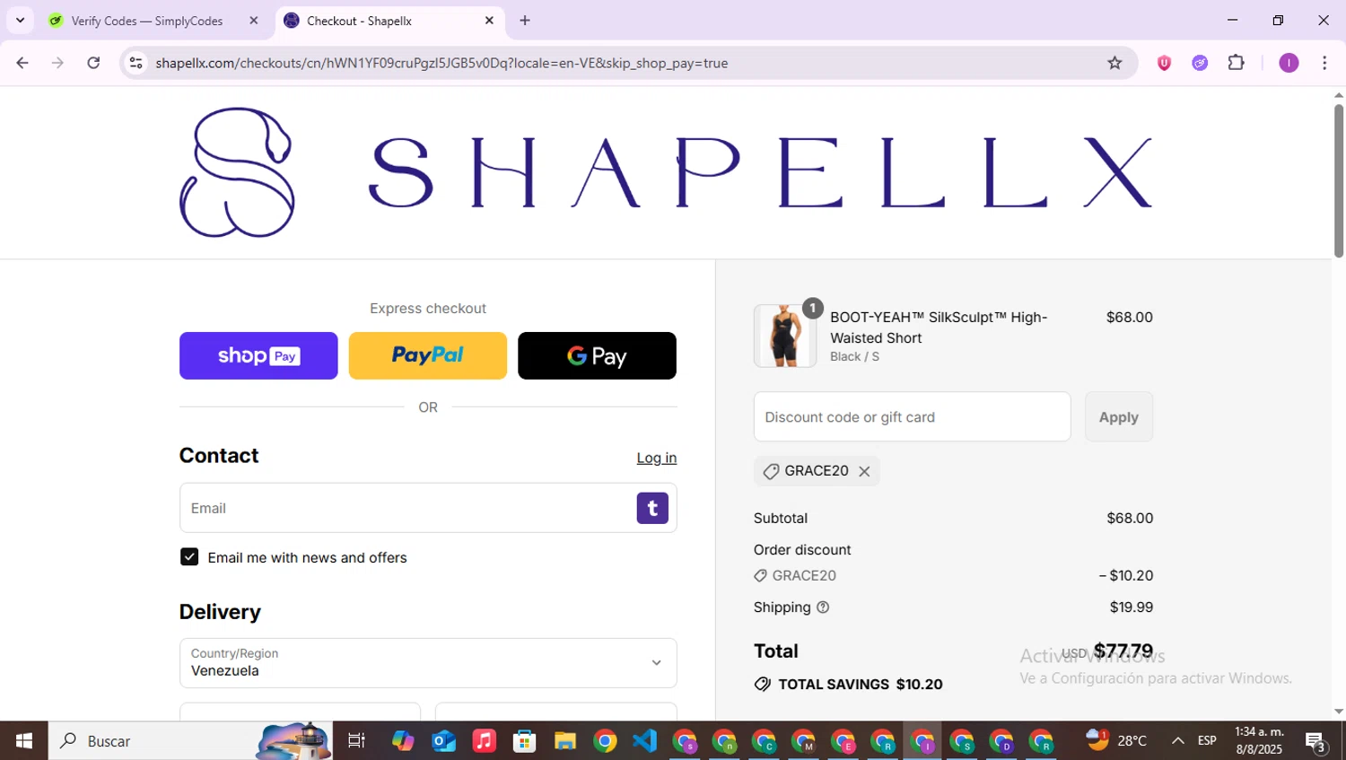 Shapellx coupon code screenshot showing code GRACE20 applied at Shapellx checkout page. Uploaded by SimplyCodes community member RebateAce6764 on Aug 8, 2025