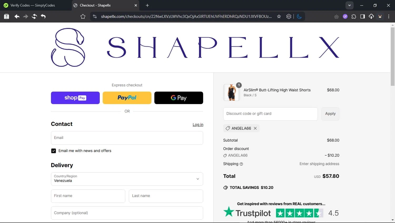 Shapellx coupon code screenshot showing code Angela66 applied at Shapellx checkout page. Uploaded by SimplyCodes community member BudgetCollector3125 on May 9, 2025