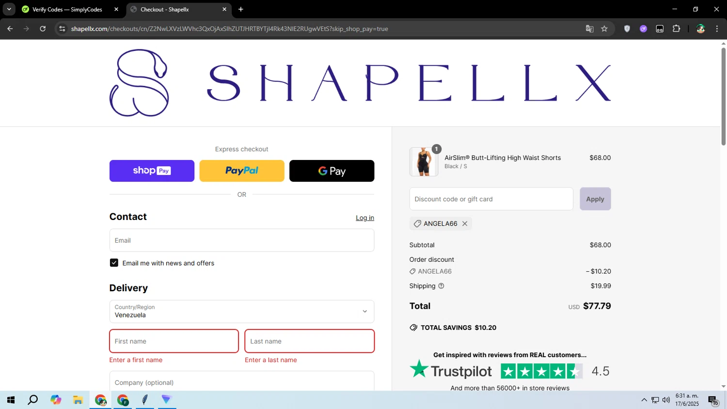 Shapellx coupon code screenshot showing code Angela66 applied at Shapellx checkout page. Uploaded by SimplyCodes community member franalepe on Jun 17, 2025