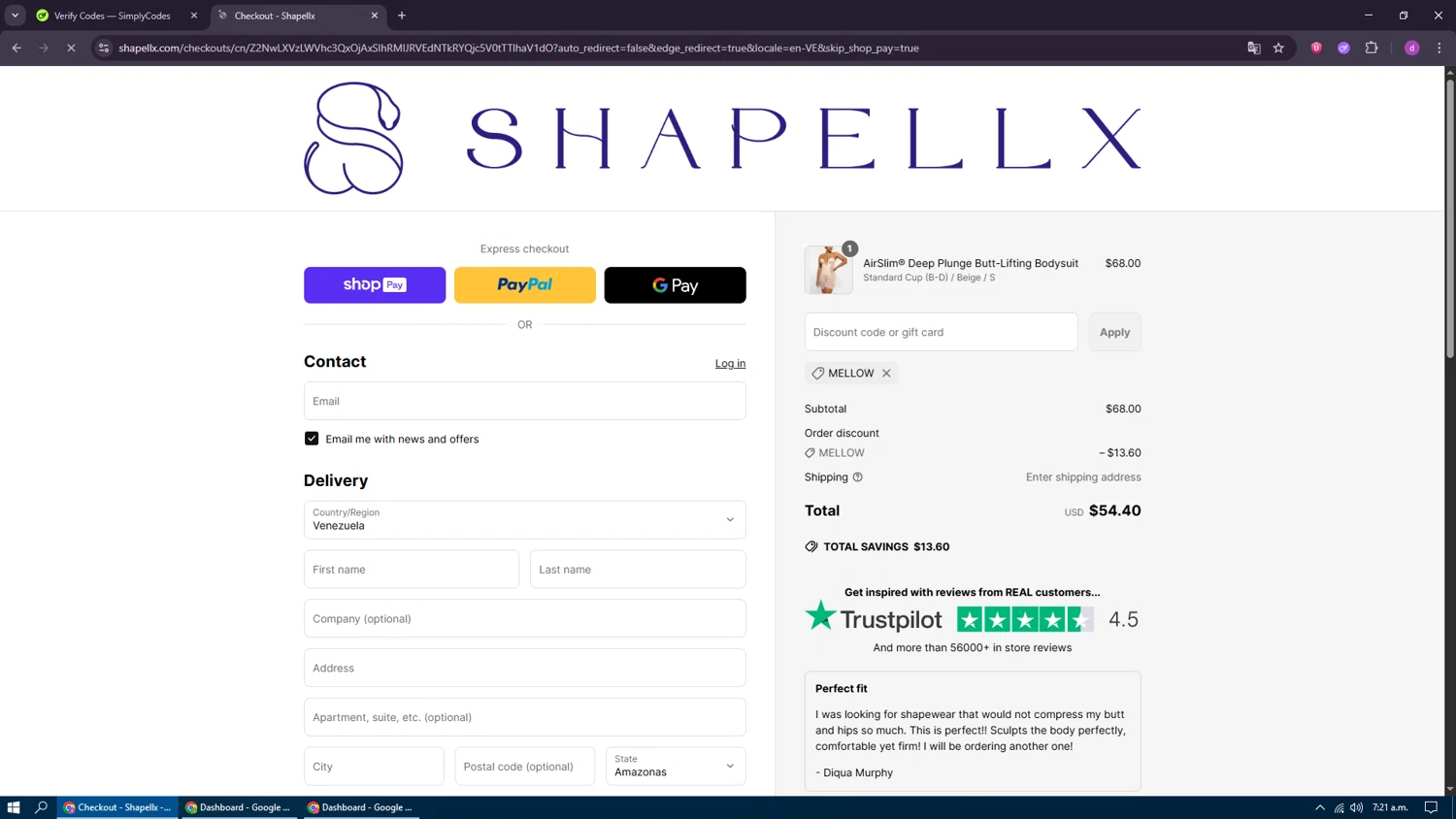 Shapellx coupon code screenshot showing code Mellow applied at Shapellx checkout page. Uploaded by SimplyCodes community member LuckyFalcon7333 on Jun 14, 2025