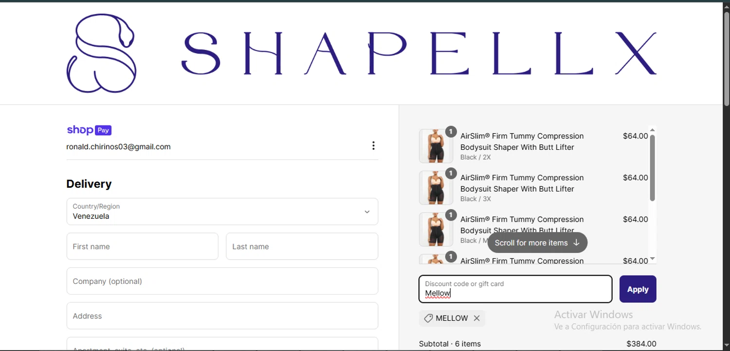 Shapellx coupon code screenshot showing code Mellow applied at Shapellx checkout page. Uploaded by SimplyCodes community member GoldAce6962 on May 8, 2025