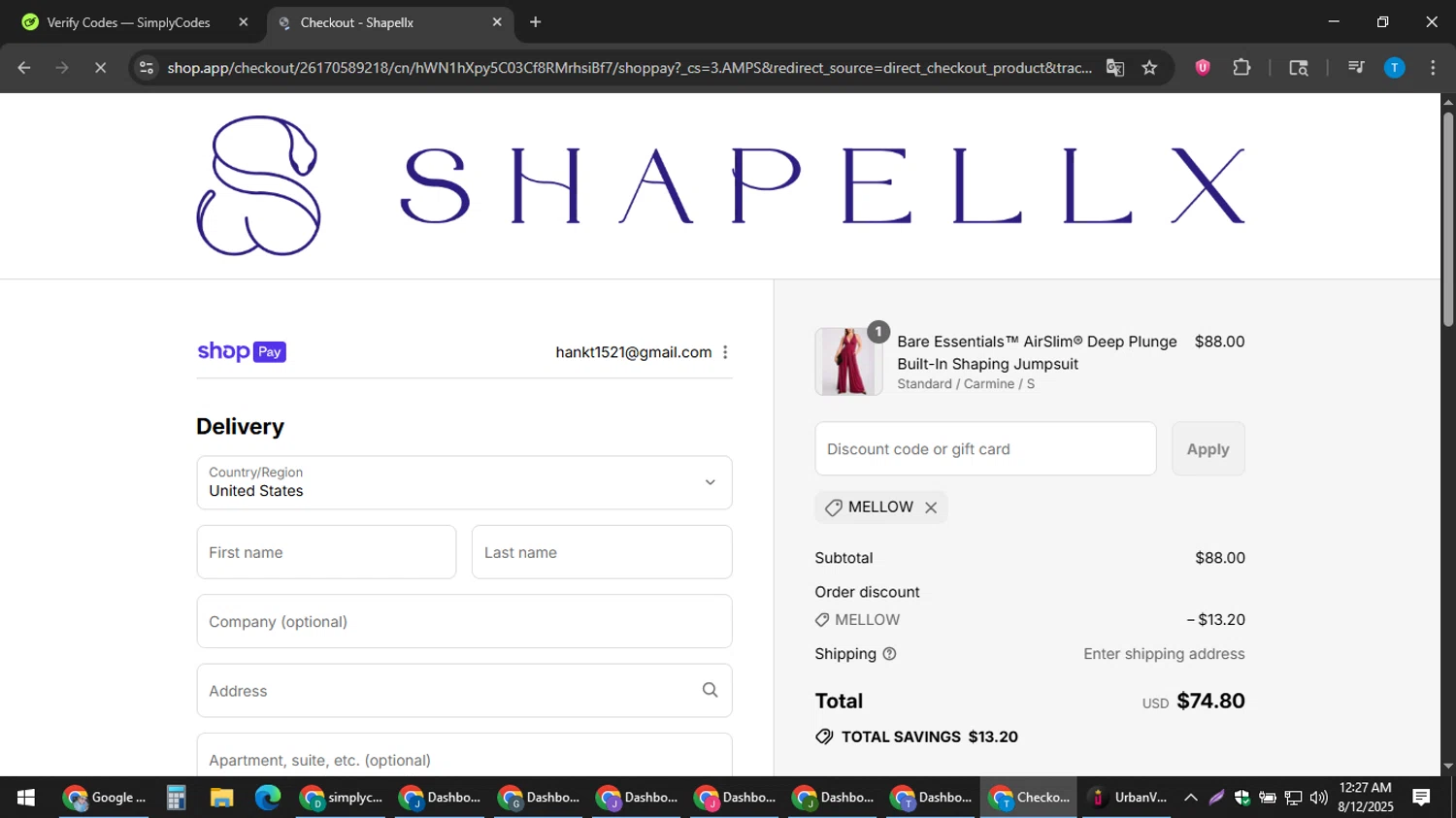 Shapellx coupon code screenshot showing code Mellow applied at Shapellx checkout page. Uploaded by SimplyCodes community member hankt1521 on Aug 12, 2025
