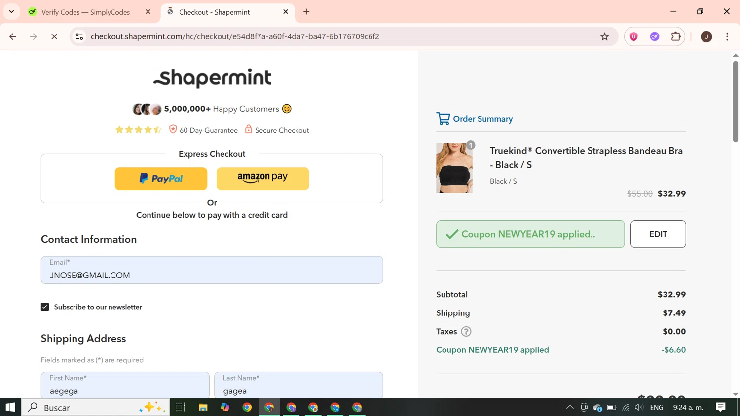 Shapermint discount code screenshot showing code NEWYEAR19 applied at Shapermint checkout page. Uploaded by SimplyCodes community member PrimeGenius2371 on Aug 27, 2025