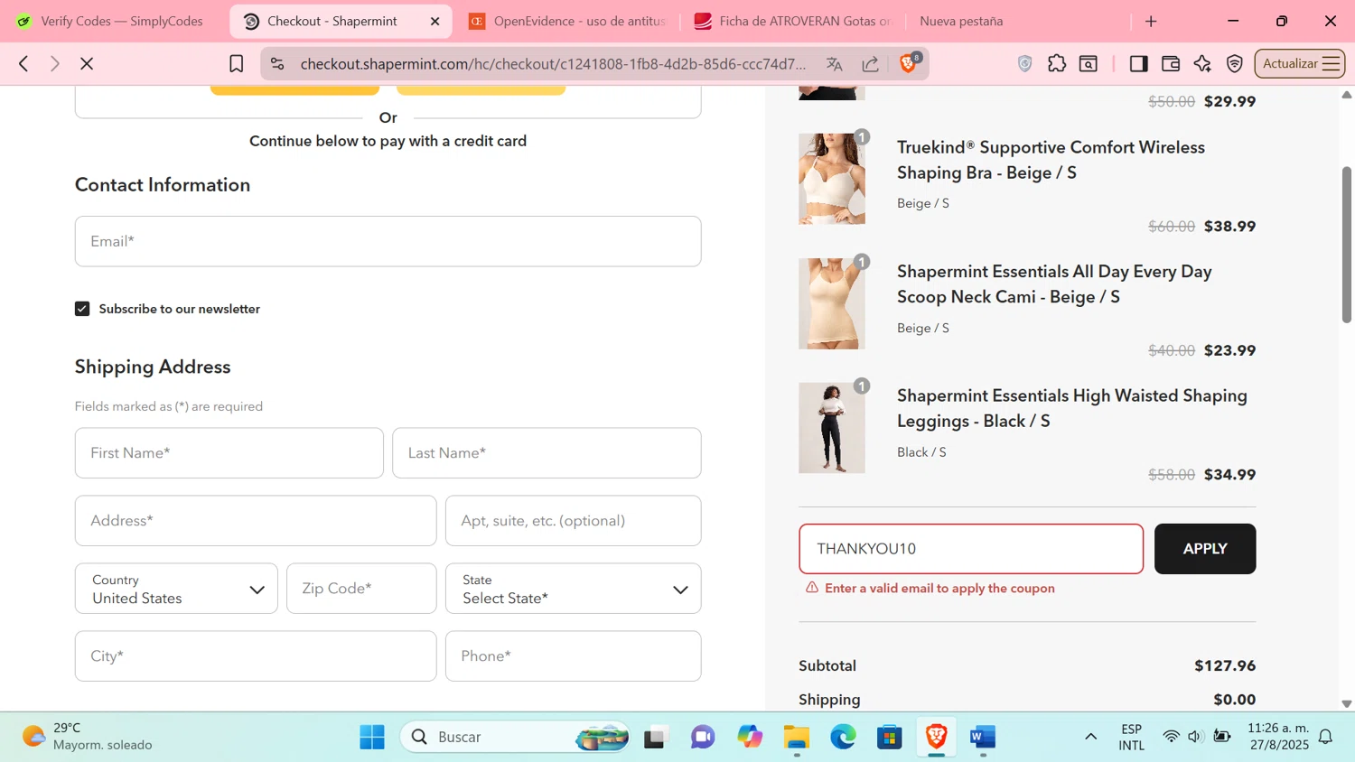 Shapermint discount code screenshot showing code THANKYOU10 applied at Shapermint checkout page. Uploaded by SimplyCodes community member Tratala on Aug 27, 2025