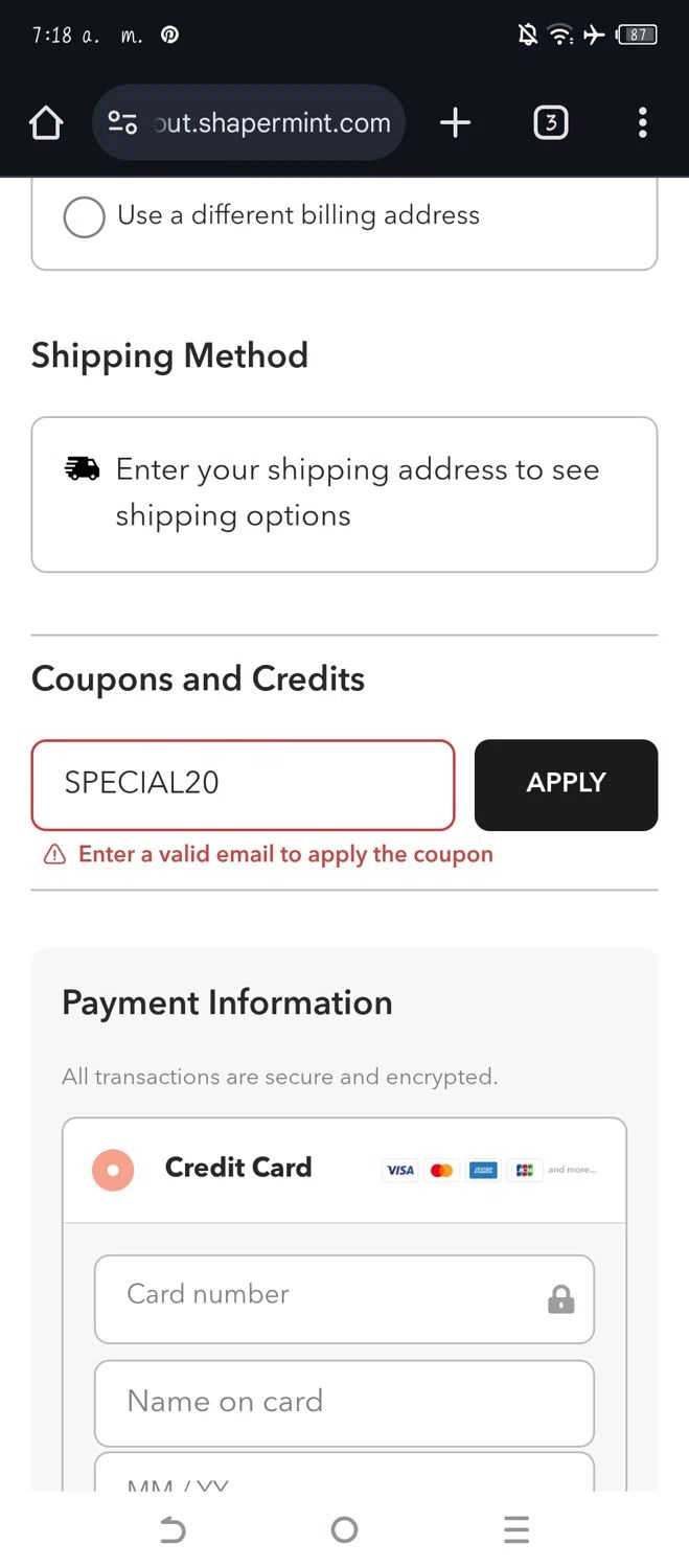 Shapermint discount code screenshot showing code SPECIAL20 applied at Shapermint checkout page. Uploaded by SimplyCodes community member WonderW on Feb 8, 2025