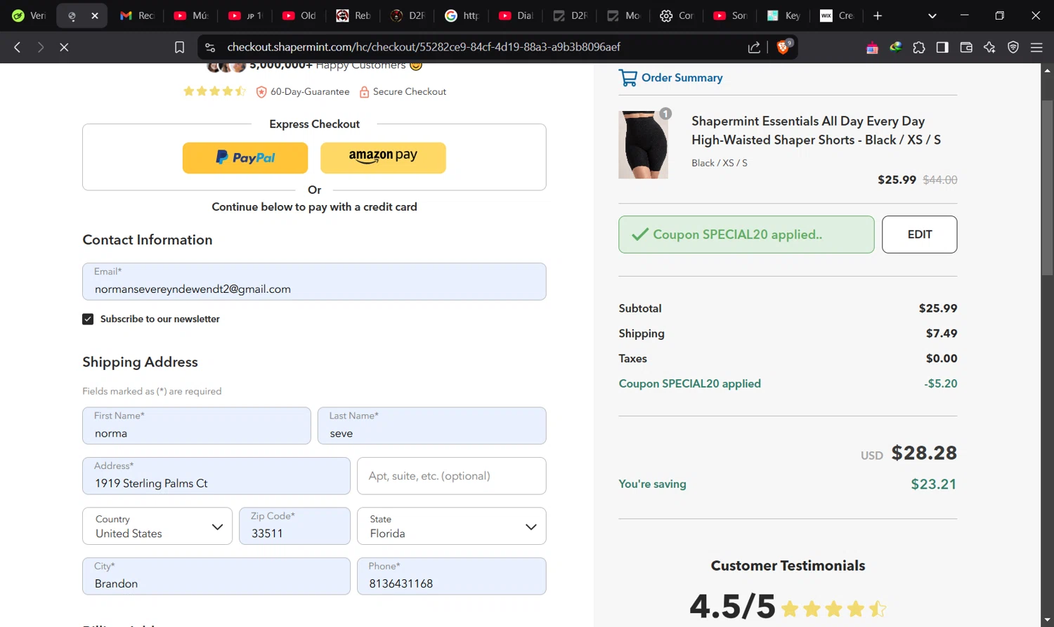 Shapermint discount code screenshot showing code SPECIAL20 applied at Shapermint checkout page. Uploaded by SimplyCodes community member Norman_KSD on Feb 8, 2025