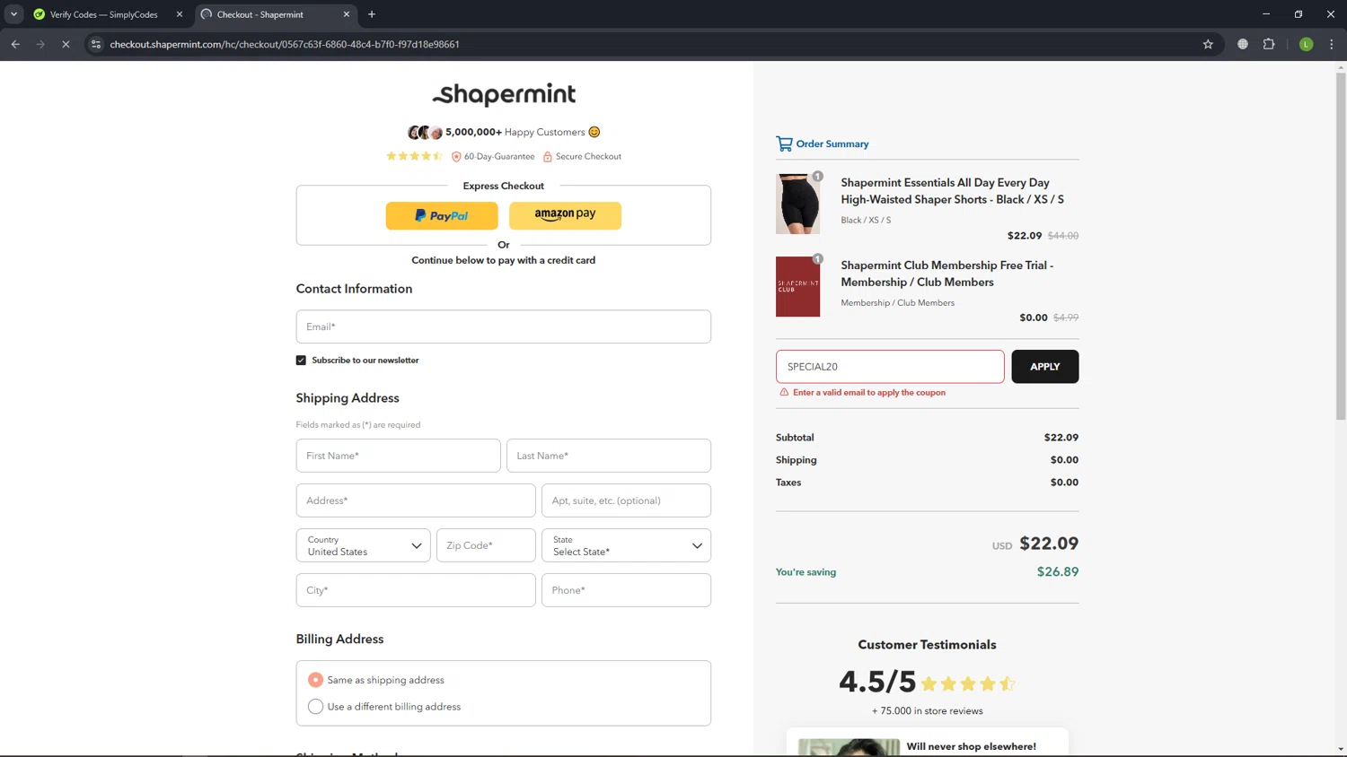 Shapermint discount code screenshot showing code SPECIAL20 applied at Shapermint checkout page. Uploaded by SimplyCodes community member VoucherGenius8367 on Feb 8, 2025