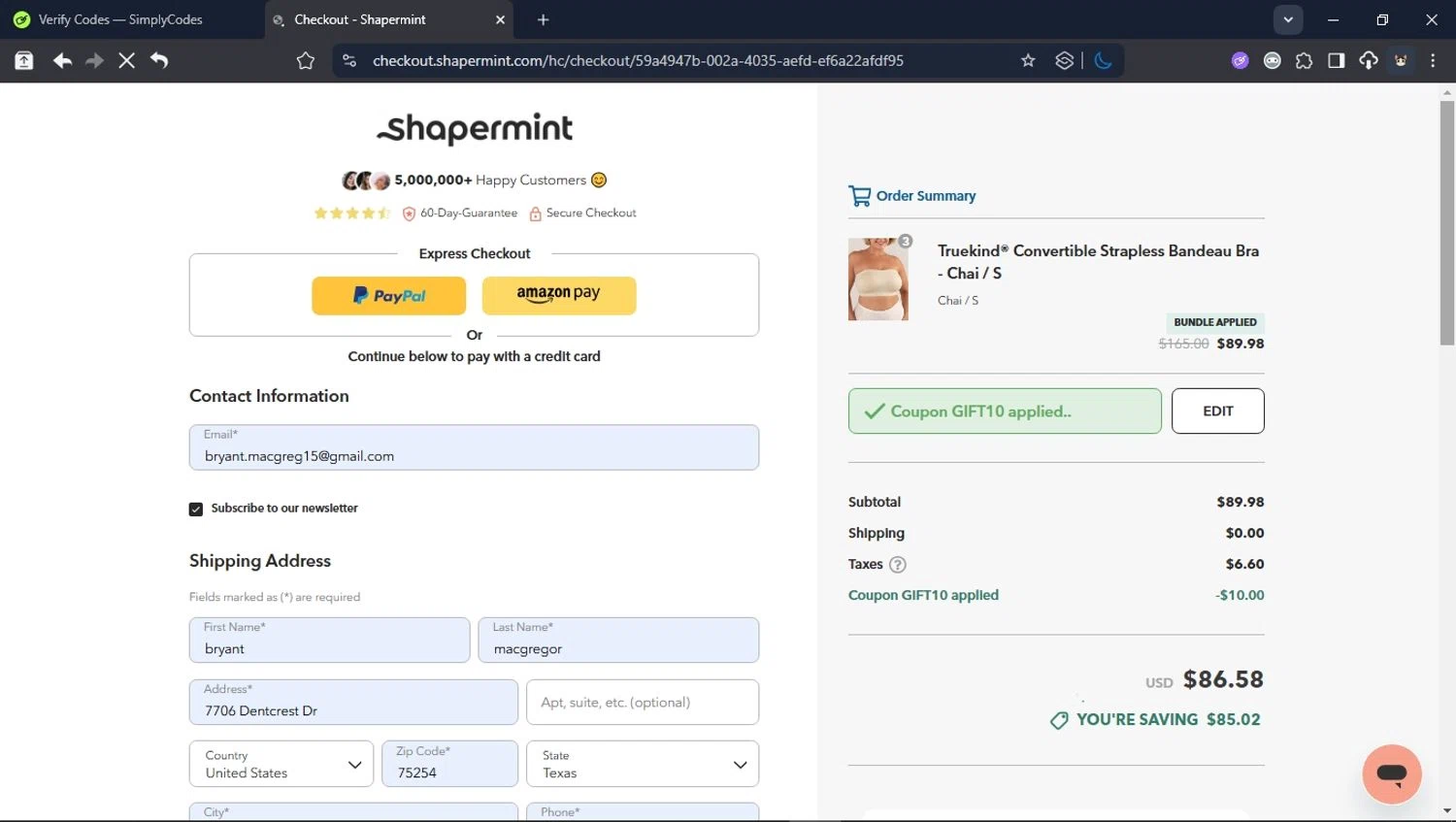 Shapermint discount code screenshot showing code GIFT10 applied at Shapermint checkout page. Uploaded by SimplyCodes community member PromoSpotter1784 on Jul 22, 2025