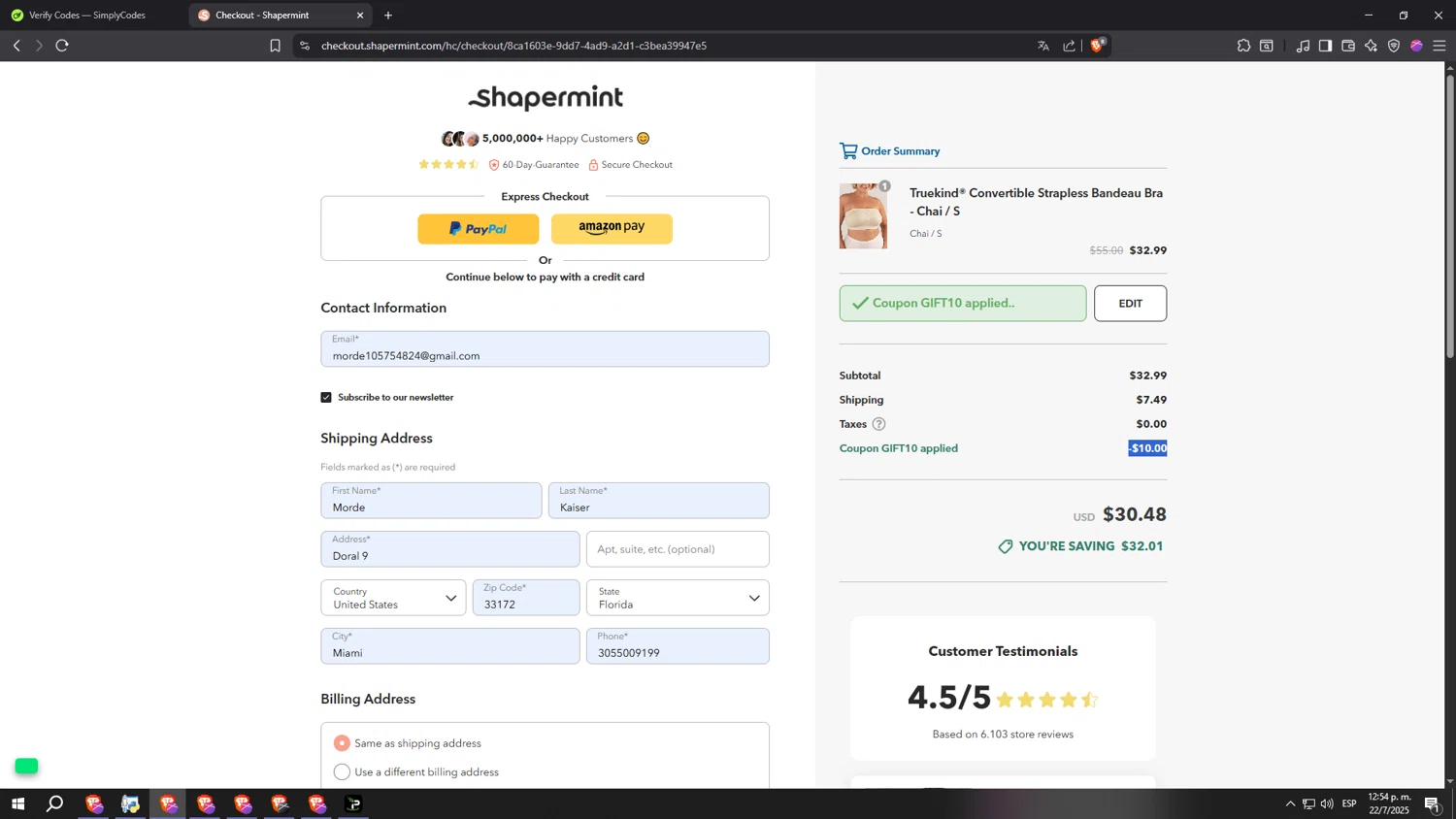 Shapermint discount code screenshot showing code GIFT10 applied at Shapermint checkout page. Uploaded by SimplyCodes community member CoheteFast on Jul 22, 2025