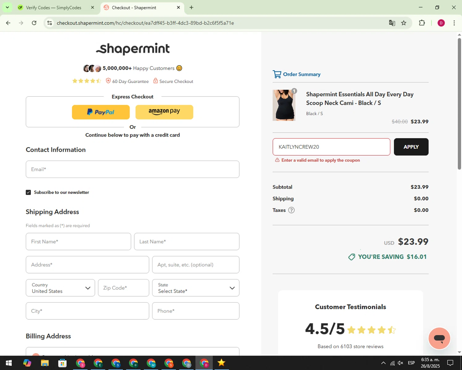 Shapermint discount code screenshot showing code KAITLYNCREW20 applied at Shapermint checkout page. Uploaded by SimplyCodes community member PrimeNavigator9023 on Aug 26, 2025