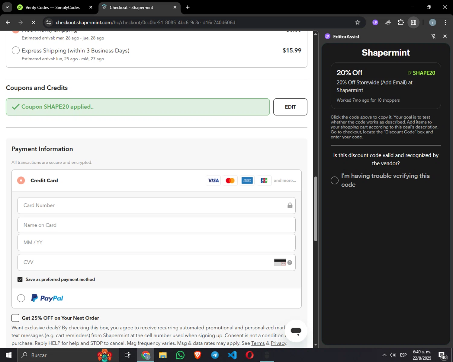 Shapermint discount code screenshot showing code SHAPE20 applied at Shapermint checkout page. Uploaded by SimplyCodes community member vivalachicha on Aug 22, 2025
