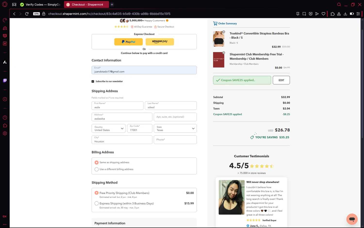 Shapermint discount code screenshot showing code SAVE25 applied at Shapermint checkout page. Uploaded by SimplyCodes community member frijolito on May 29, 2025