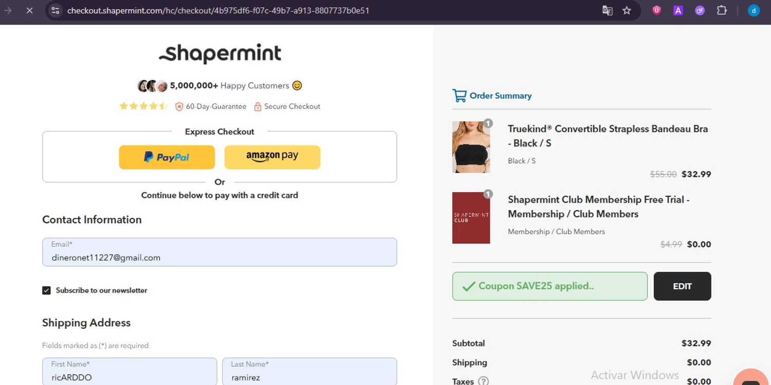 Shapermint discount code screenshot showing code SAVE25 applied at Shapermint checkout page. Uploaded by SimplyCodes community member GloriousWizard8260 on Jul 12, 2025