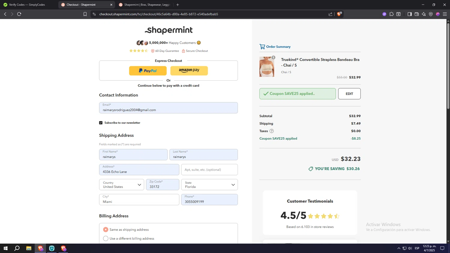 Shapermint discount code screenshot showing code SAVE25 applied at Shapermint checkout page. Uploaded by SimplyCodes community member Machi005 on Jul 4, 2025