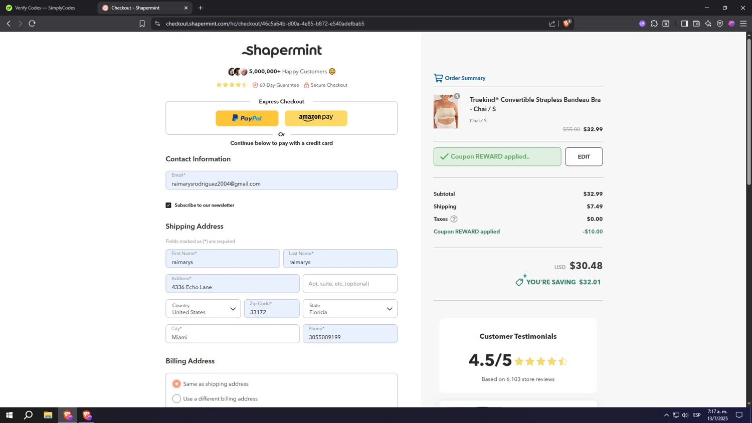 Shapermint discount code screenshot showing code REWARD applied at Shapermint checkout page. Uploaded by SimplyCodes community member Machi005 on Jul 13, 2025