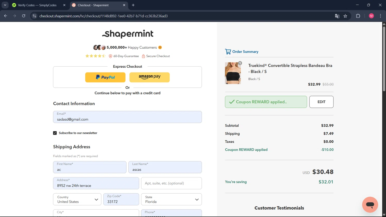 Shapermint discount code screenshot showing code REWARD applied at Shapermint checkout page. Uploaded by SimplyCodes community member ValueCollector4159 on Apr 17, 2025
