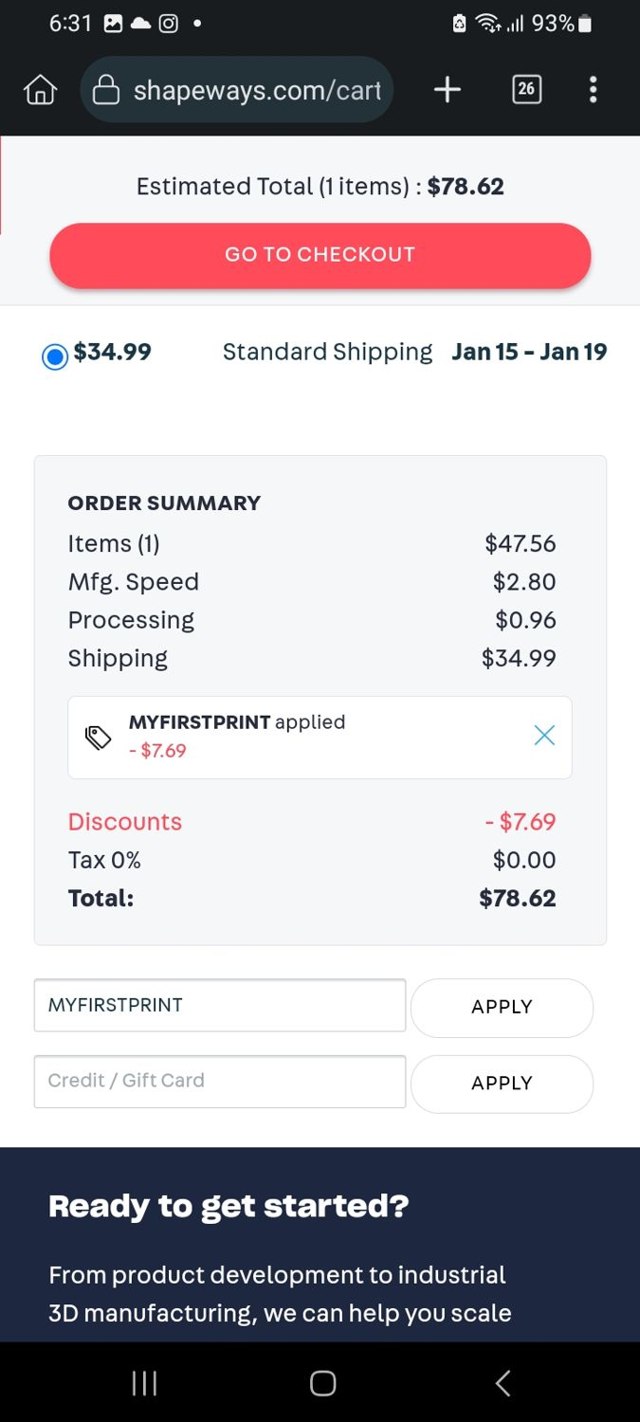 Shapeways checkout page showing Shapeways promo code box | Screenshot taken by SimplyCodes community member on Jan 2, 2024