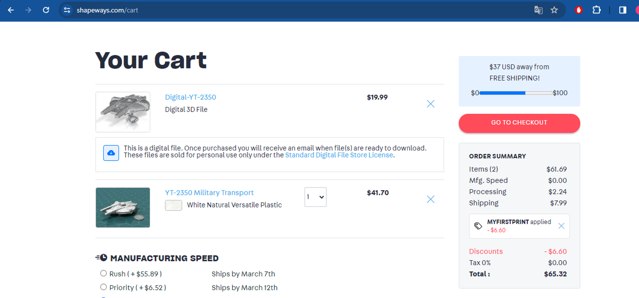 Shapeways checkout page showing Shapeways promo code box | Screenshot taken by SimplyCodes community member on Mar 5, 2024