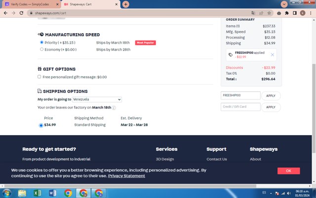 Shapeways checkout page showing Shapeways promo code box | Screenshot taken by SimplyCodes community member on Mar 1, 2024