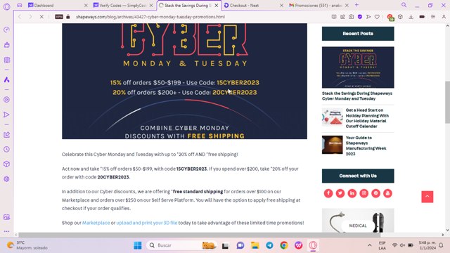 Shapeways checkout page showing Shapeways promo code box | Screenshot taken by SimplyCodes community member on Jan 1, 2024