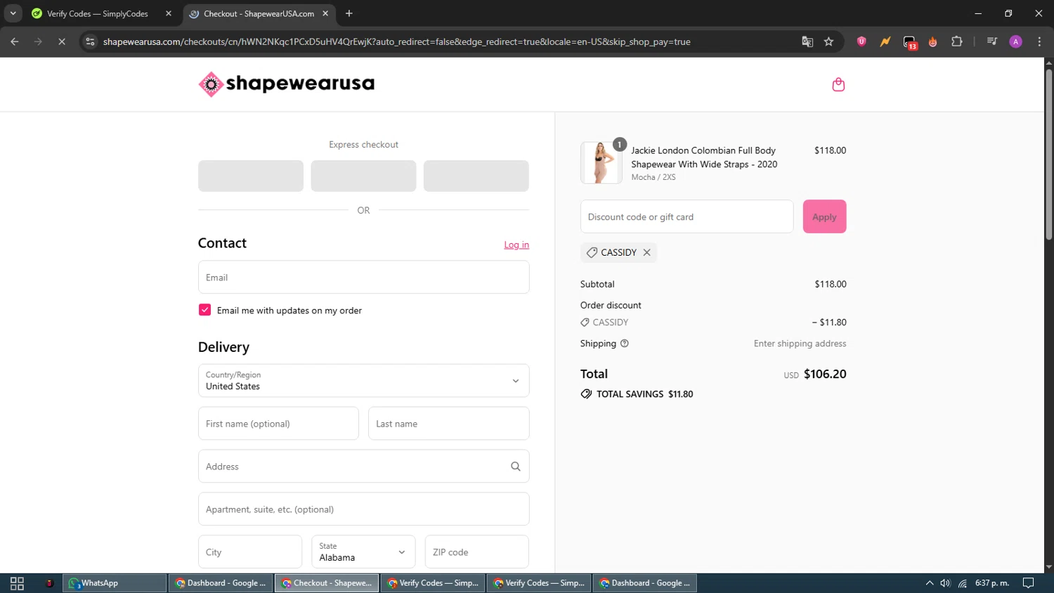 Shapewear USA promo code screenshot showing code CASSIDY applied at Shapewear USA checkout page. Uploaded by SimplyCodes community member CouponScout5403 on Aug 29, 2025
