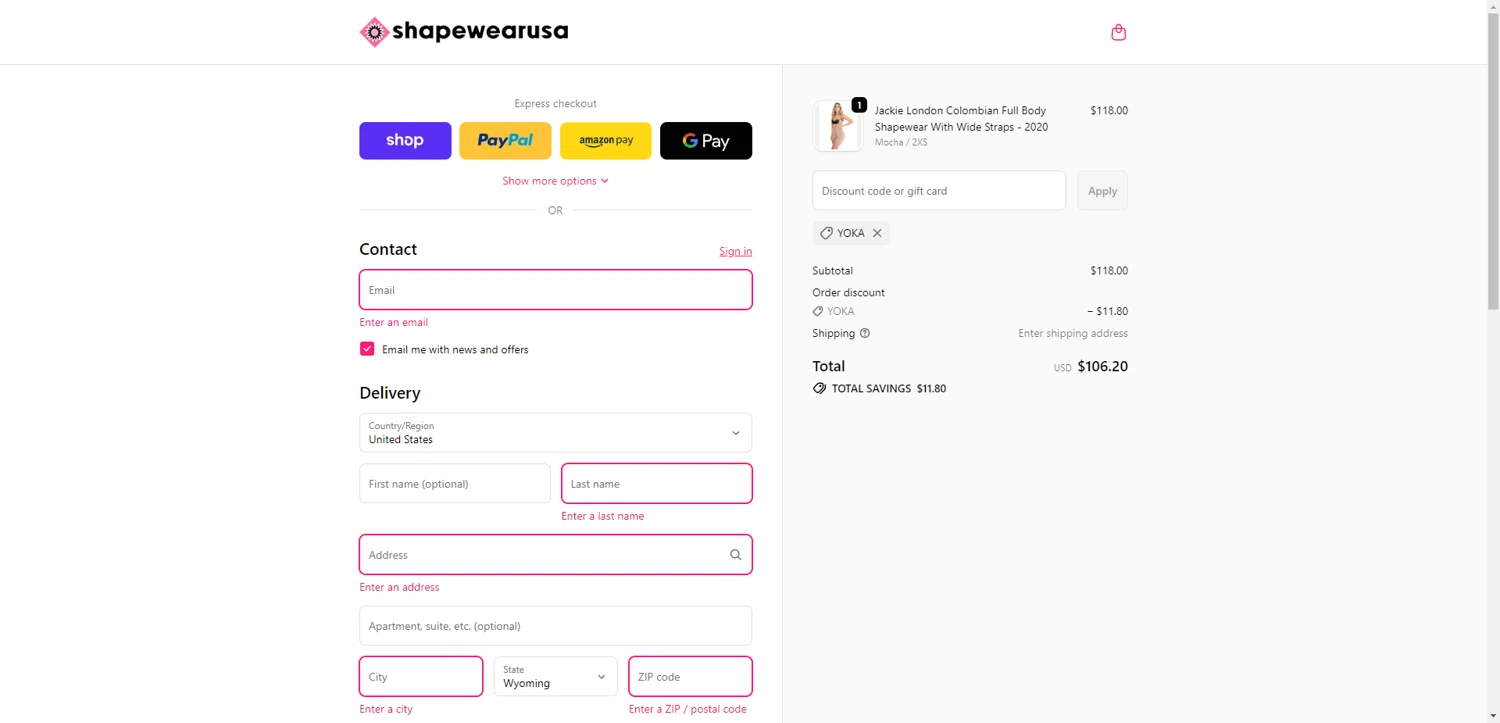 Shapewear USA checkout page showing Shapewear USA promo code box | Screenshot taken by SimplyCodes community member on Feb 13, 2026