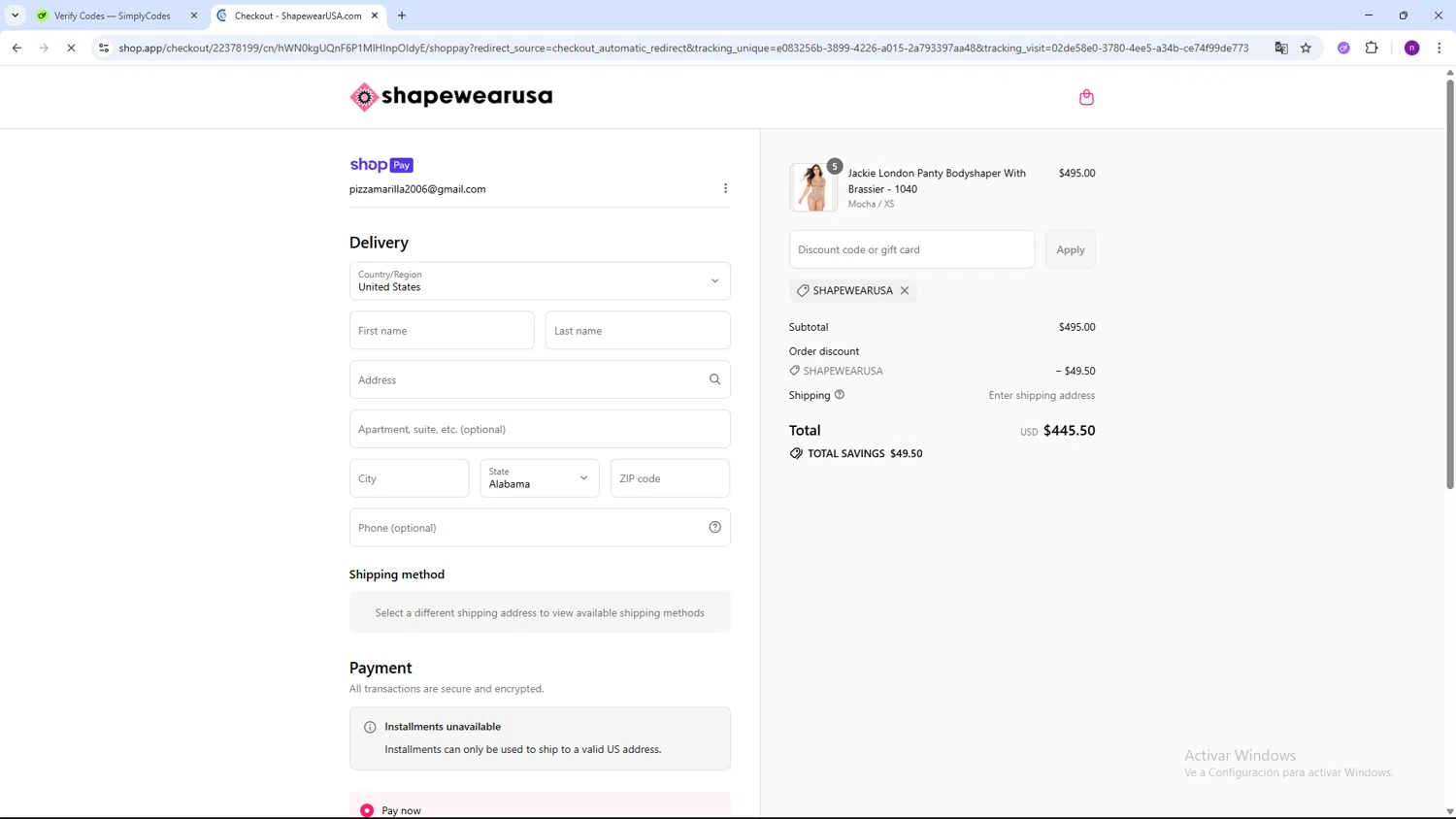 Shapewear USA promo code screenshot showing code SHAPEWEARUSA applied at Shapewear USA checkout page. Uploaded by SimplyCodes community member AVAMUSTANG on Jul 18, 2025