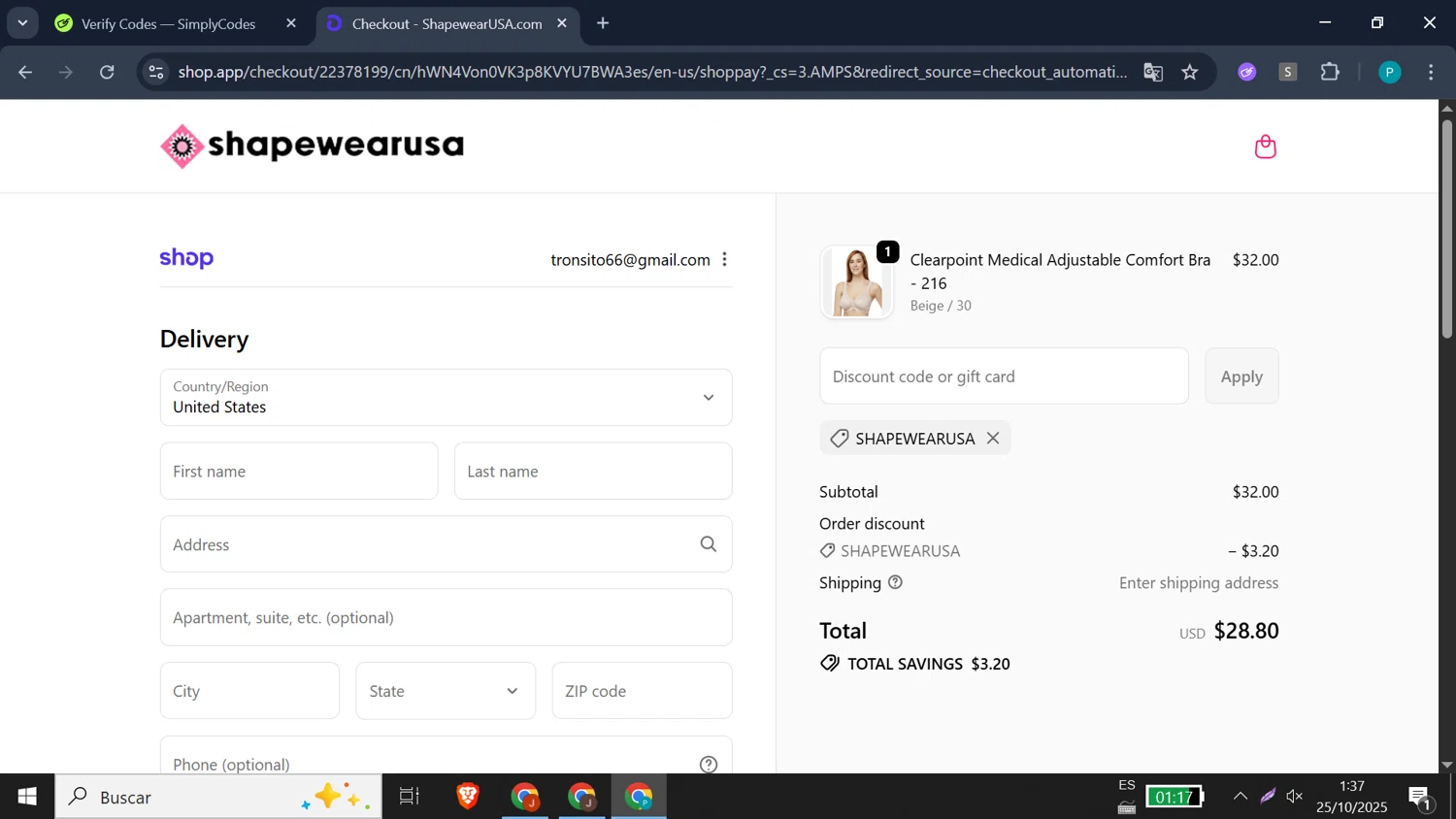 Shapewear USA promo code screenshot showing code SHAPEWEARUSA applied at Shapewear USA checkout page. Uploaded by SimplyCodes community member doriangel3 on Oct 25, 2025