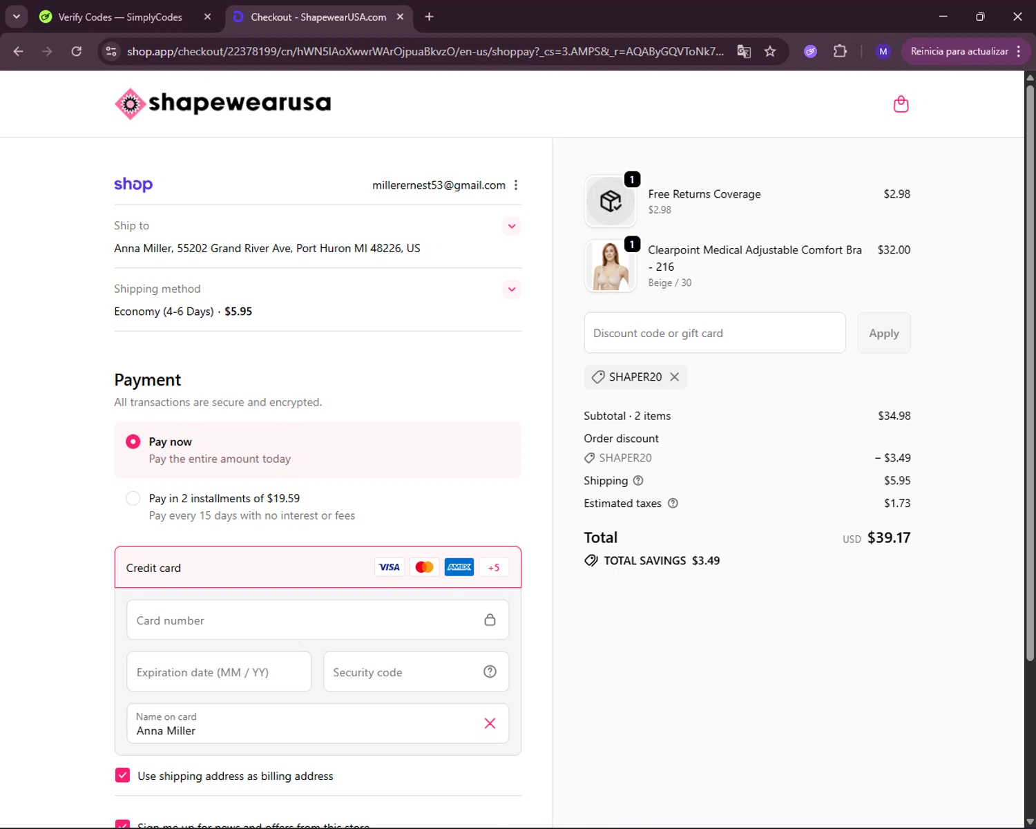 Shapewear USA promo code screenshot showing code Shaper20 applied at Shapewear USA checkout page. Uploaded by SimplyCodes community member RewardLynx5307 on Nov 27, 2025
