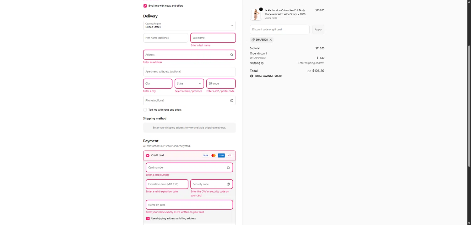 Shapewear USA promo code screenshot showing code Shaper20 applied at Shapewear USA checkout page. Uploaded by SimplyCodes community member SavvyCollector7681 on Feb 2, 2026