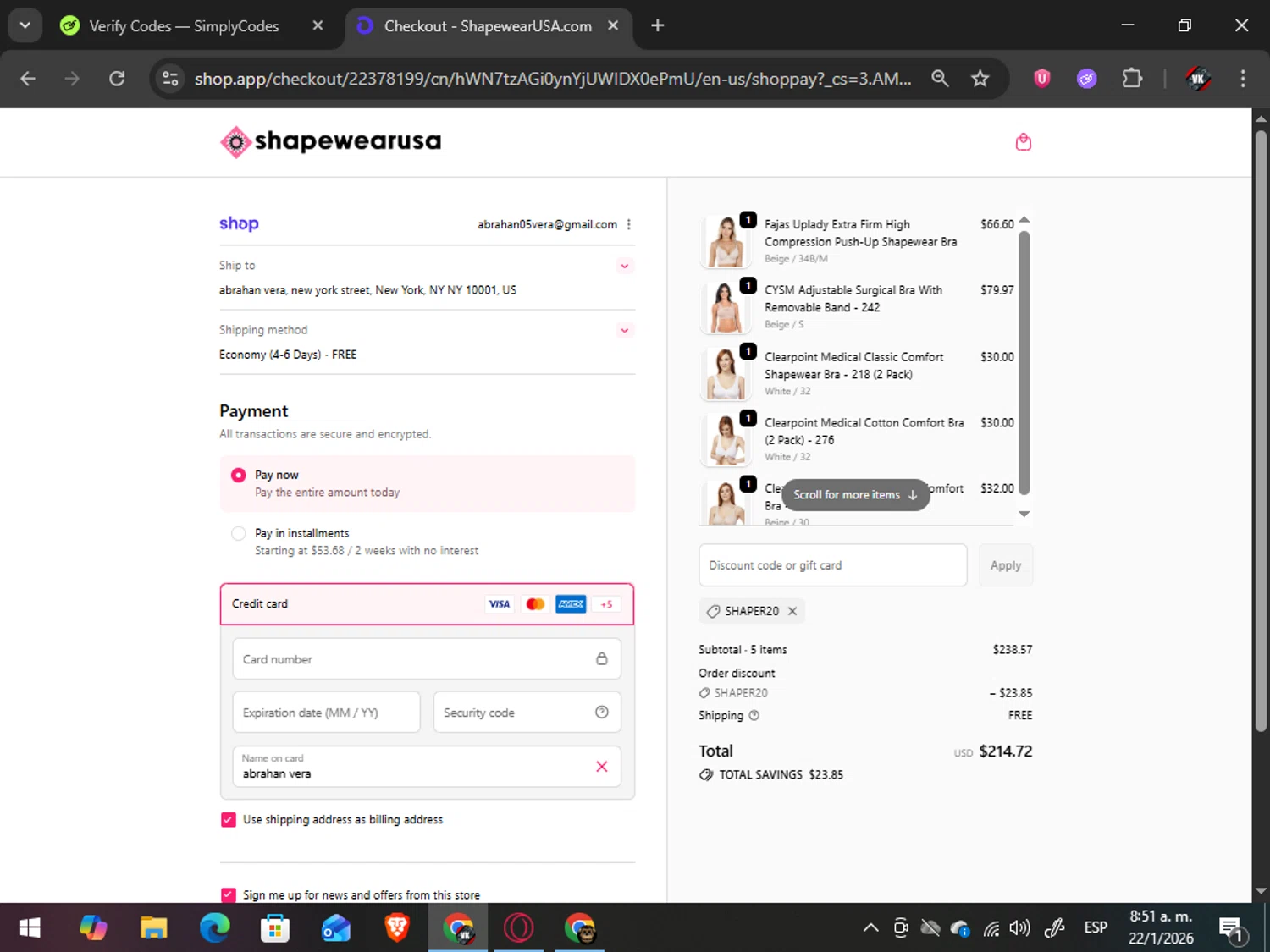 Shapewear USA promo code screenshot showing code Shaper20 applied at Shapewear USA checkout page. Uploaded by SimplyCodes community member TreasureAdmiral6867 on Jan 22, 2026