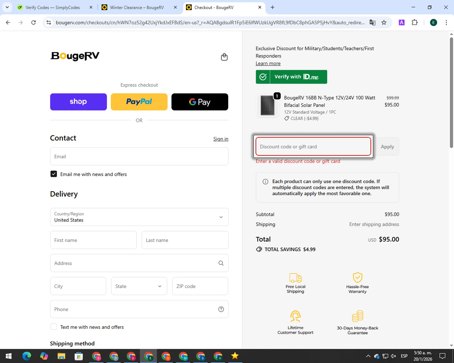 Shardeum promo code screenshot showing code FreeGasforEarlyRegistrants applied at Shardeum checkout page. Uploaded by SimplyCodes community member 00000007 on Jan 20, 2026