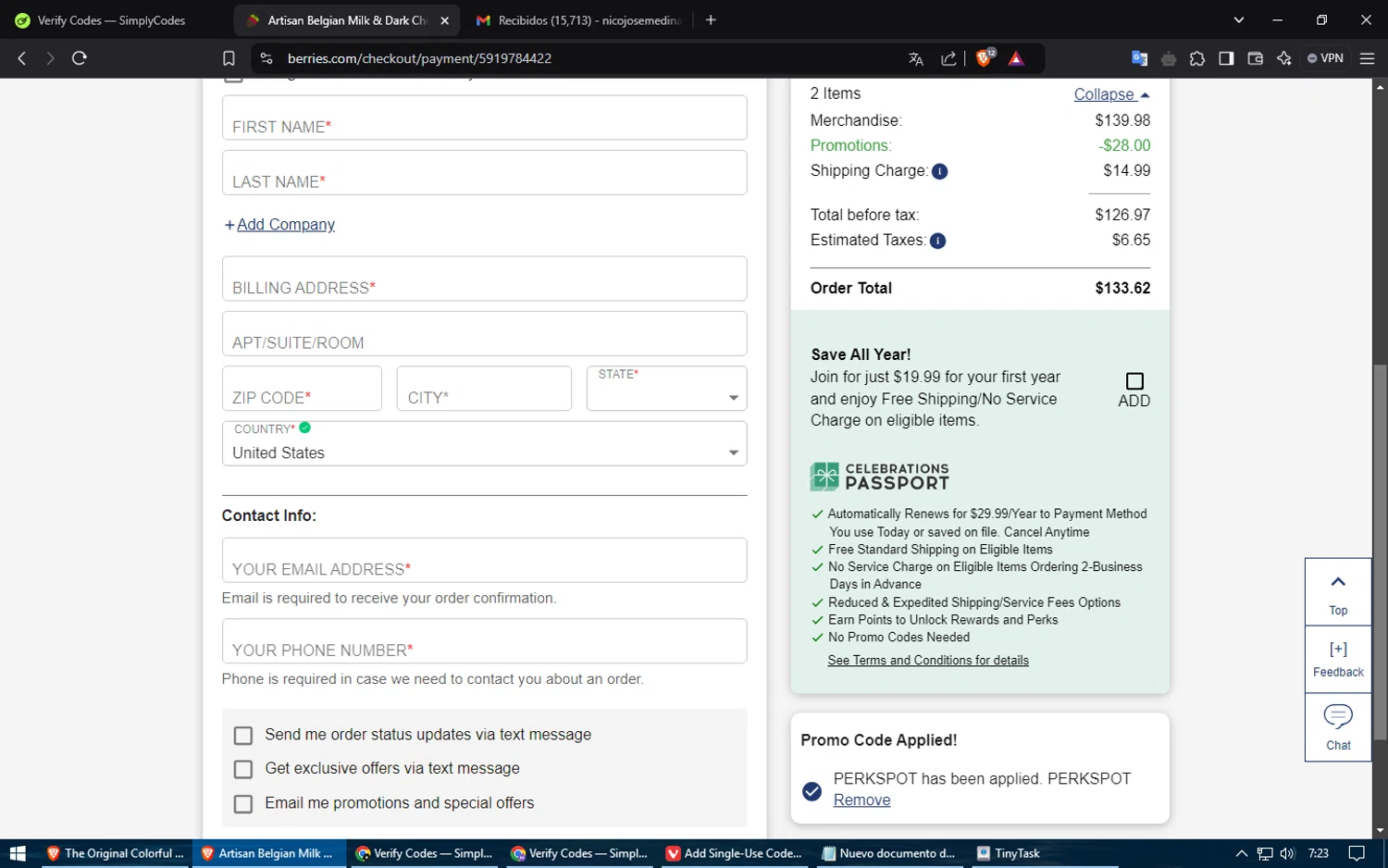 where to use Shari's Berries promo code box