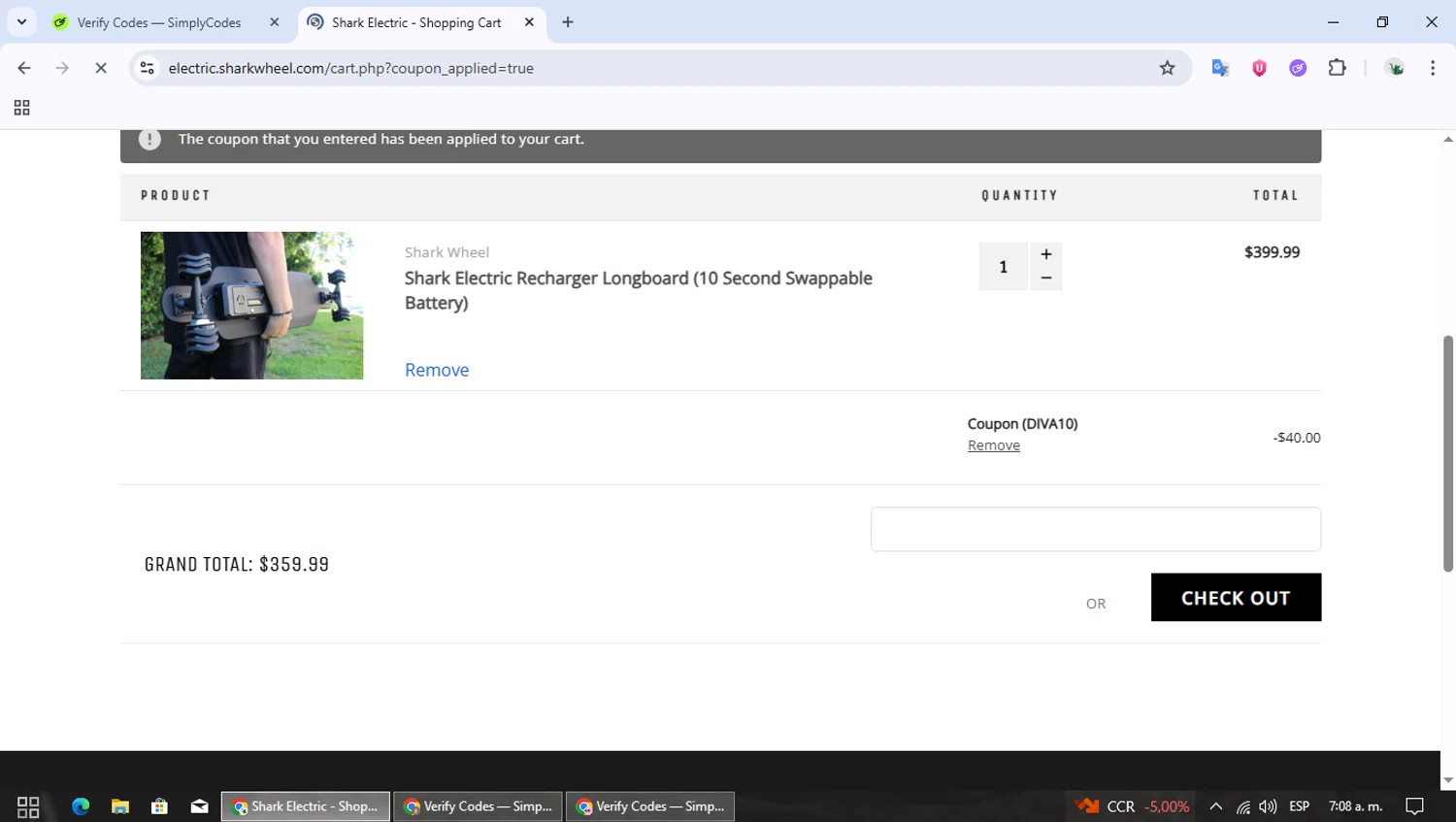 Shark Electric promo code screenshot showing code DIVA10 applied at Shark Electric checkout page. Uploaded by SimplyCodes community member MoneyPioneer4925 on Dec 22, 2025