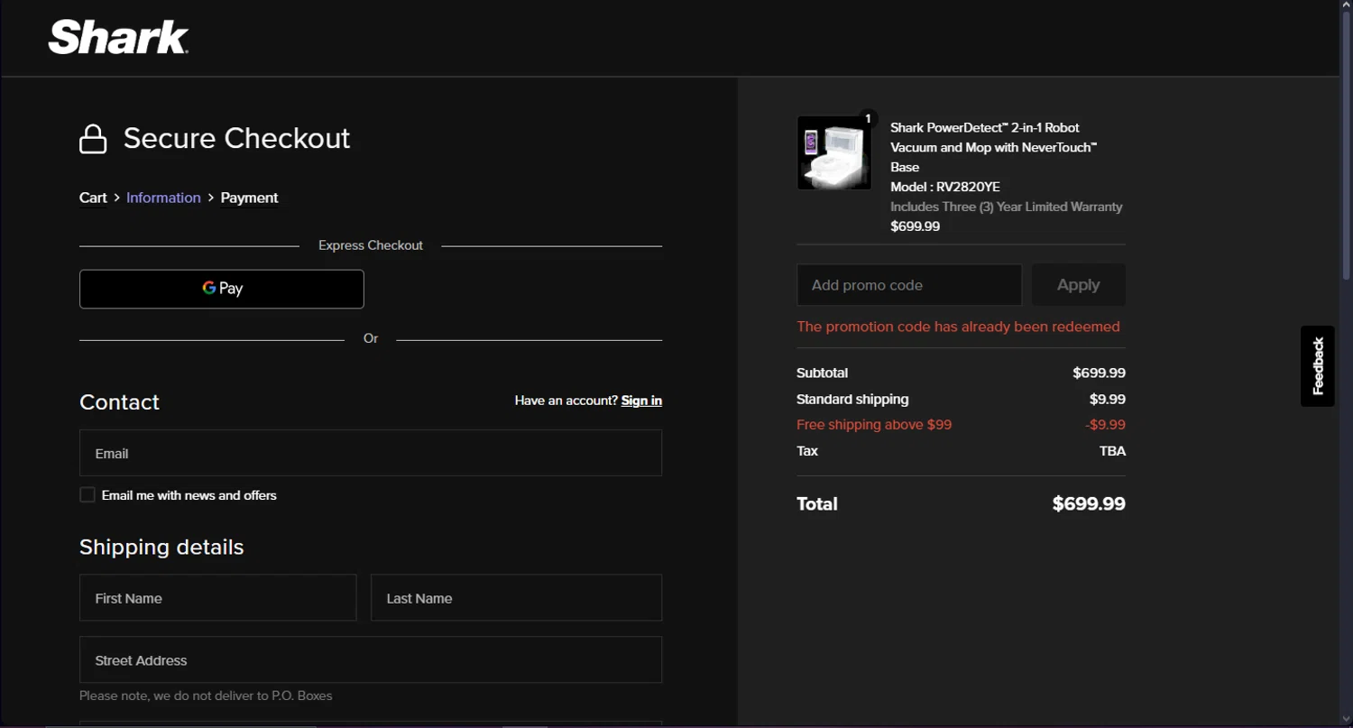 where to use Shark Ninja promo code box