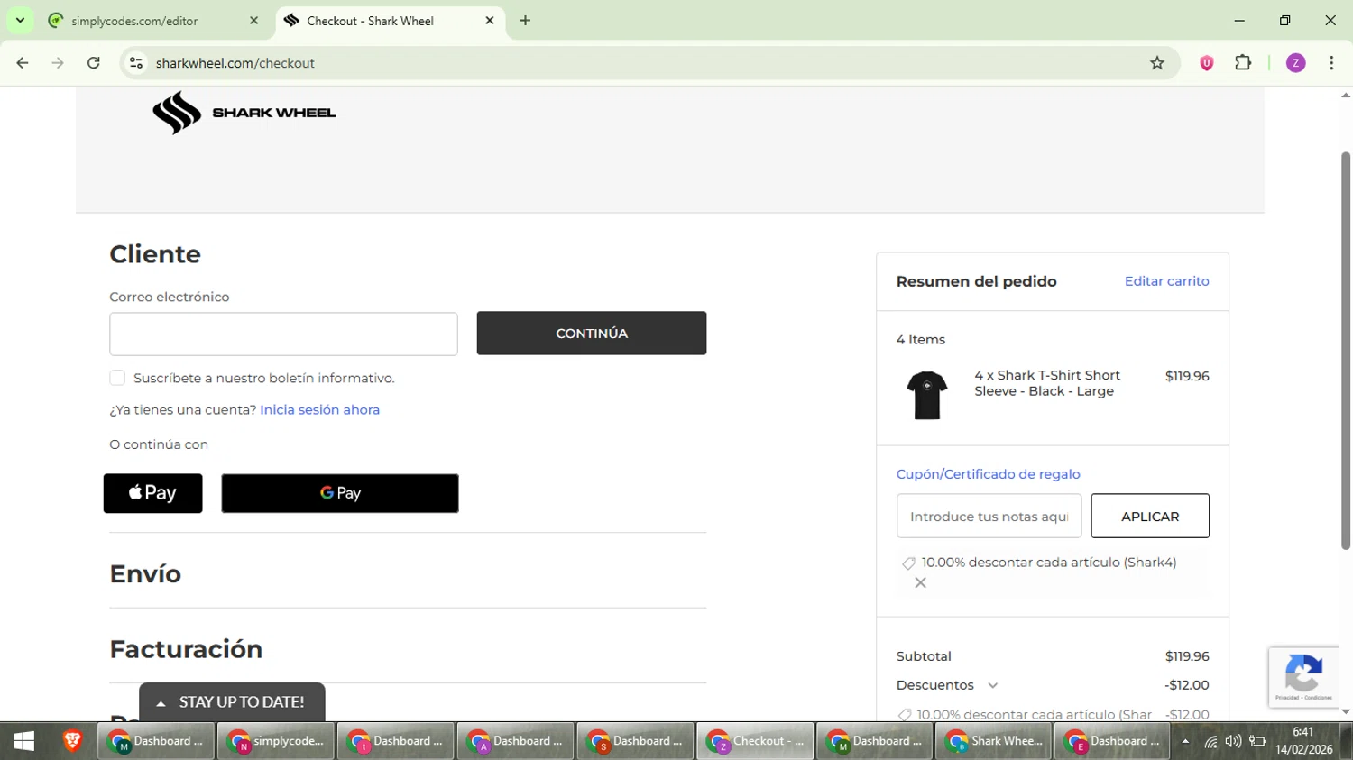 Shark Wheel checkout page showing Shark Wheel discount code box | Screenshot taken by SimplyCodes community member on Feb 14, 2026