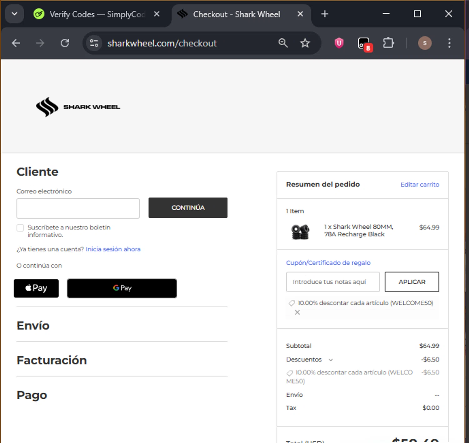 Shark Wheel checkout page showing Shark Wheel discount code box | Screenshot taken by SimplyCodes community member on Feb 14, 2026