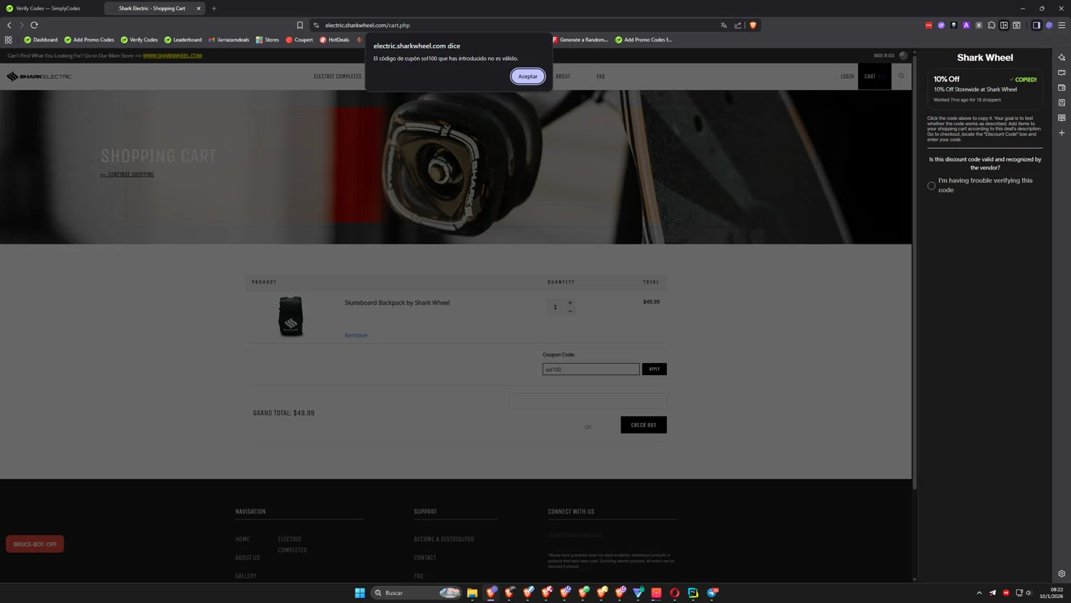 Shark Wheel promo code screenshot showing code sol100 applied at Shark Wheel checkout page. Uploaded by SimplyCodes community member ilarrazam7 on Jan 10, 2026