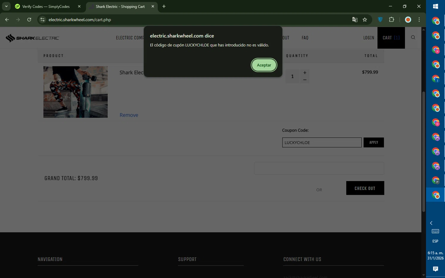 Shark Wheel promo code screenshot showing code LUCKYCHLOE applied at Shark Wheel checkout page. Uploaded by SimplyCodes community member DealTiger9869 on Jan 31, 2026