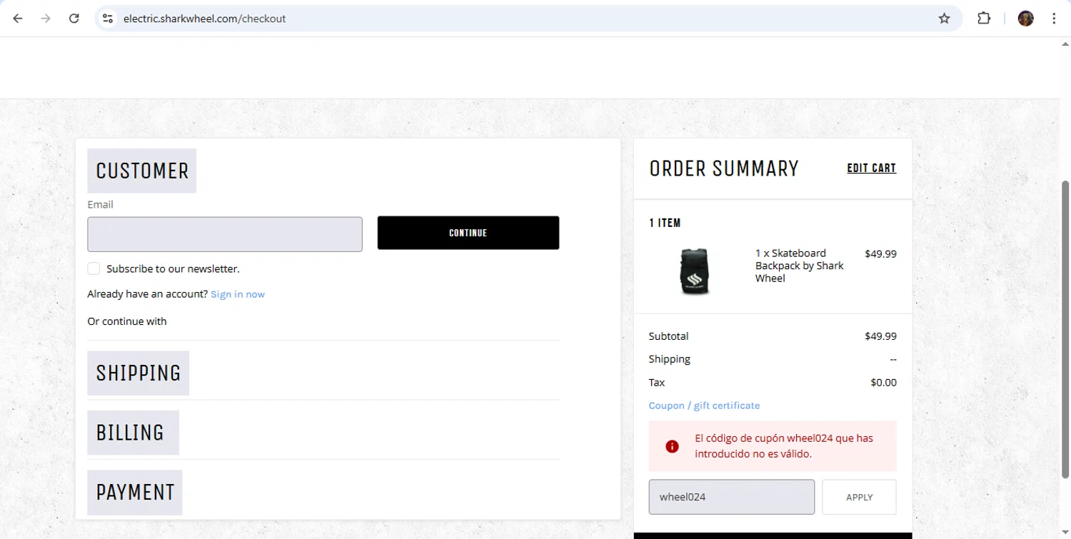 Shark Wheel discount code screenshot showing code wheel024 applied at Shark Wheel checkout page. Uploaded by SimplyCodes community member Jeremi on Dec 10, 2025