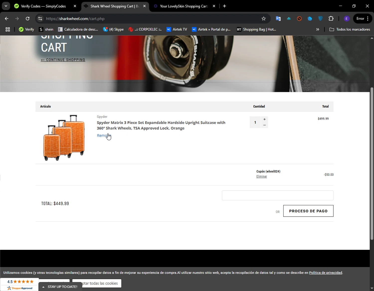 Shark Wheel discount code screenshot showing code wheel024 applied at Shark Wheel checkout page. Uploaded by SimplyCodes community member LuckyFinder274 on Apr 25, 2025