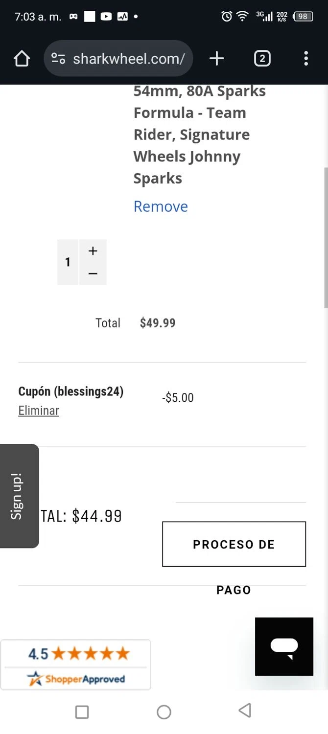 Shark Wheel discount code screenshot showing code blessings24 applied at Shark Wheel checkout page. Uploaded by SimplyCodes community member CARLOSSLIM on Jul 1, 2025