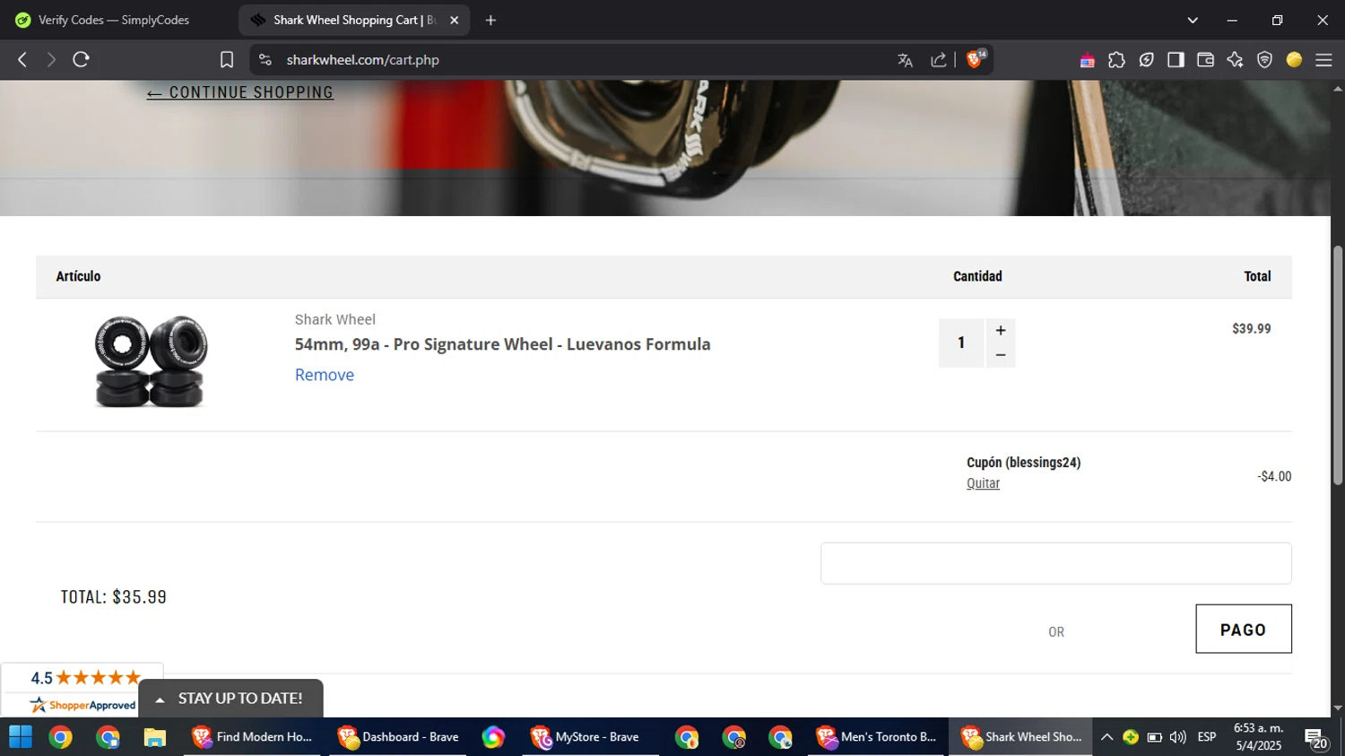 Shark Wheel discount code screenshot showing code blessings24 applied at Shark Wheel checkout page. Uploaded by SimplyCodes community member Chinito0209 on Apr 5, 2025